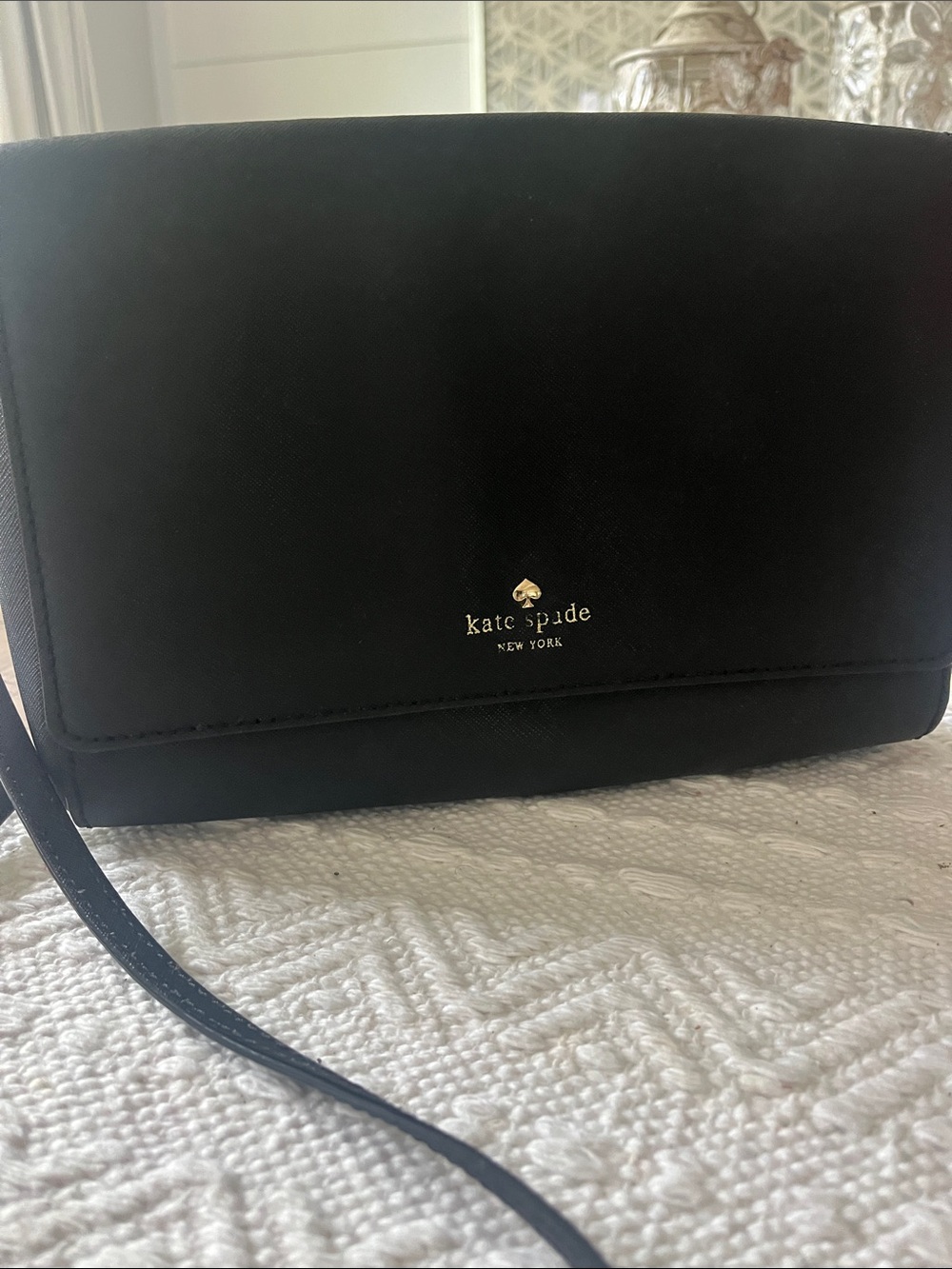 kate spade Saffiano Black Leather Crossbody with Gold Chain Strap Accent - Picture 2 of 8